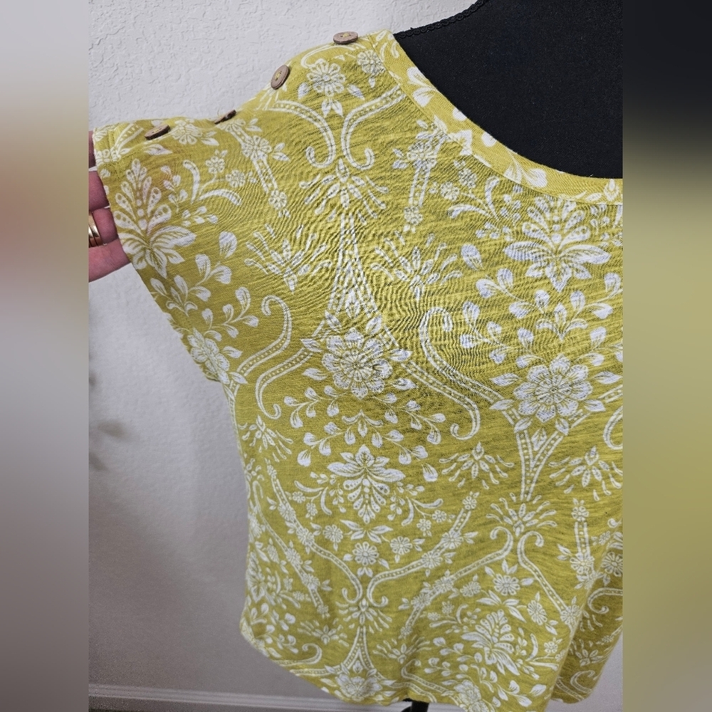 Joie Linen Blend Boho Print Yellow Green Button Detail Scoopneck Paisley Top - Picture 4 of 8